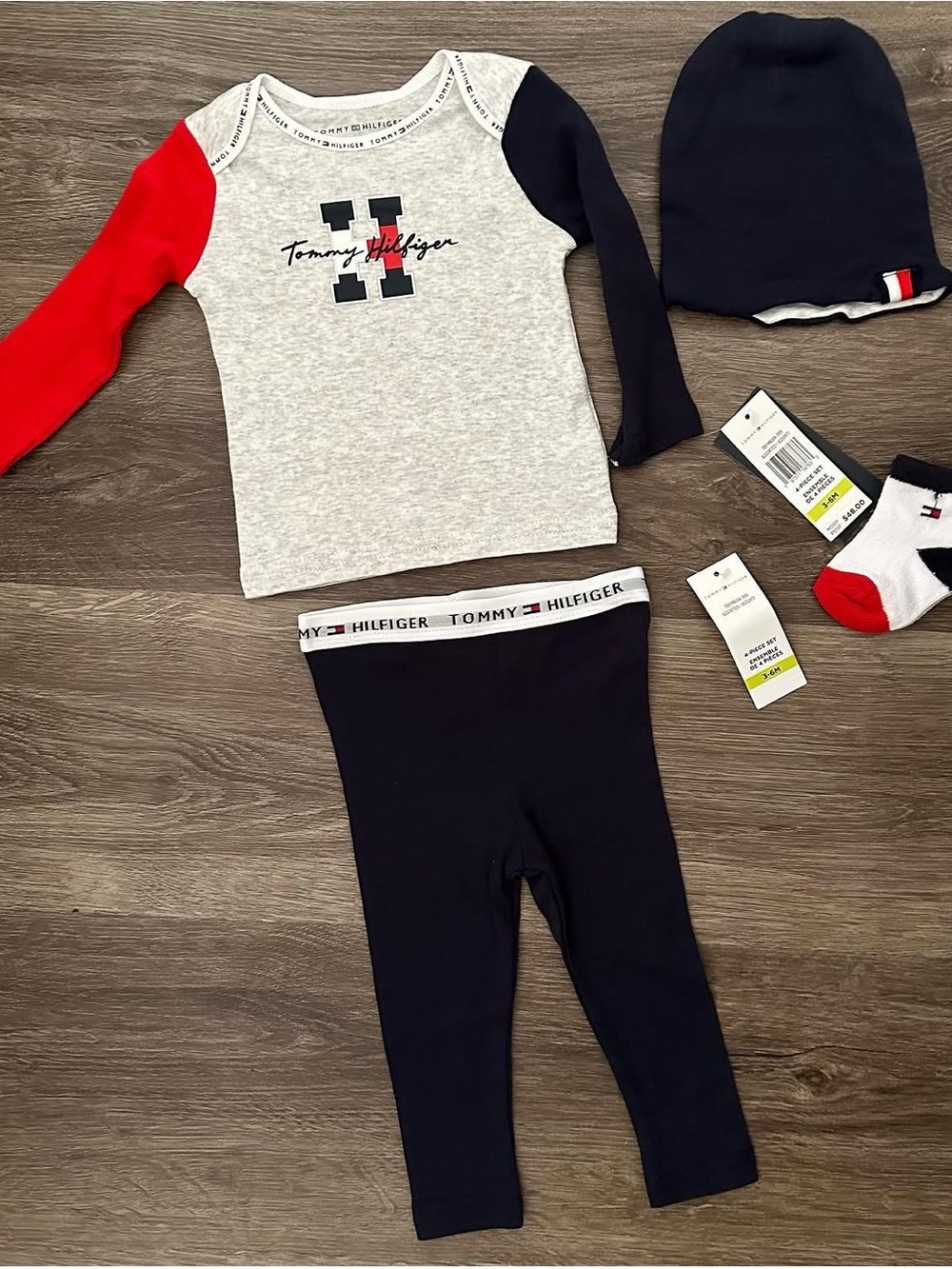 Tommy Hilfiger Gray Top with Red & Navy Sleeves, Navy Leggings Set